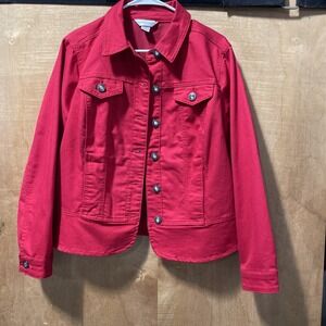 Christopher Banks Bright Red Jean jacket Large With Sequin Buttons And Scalloped